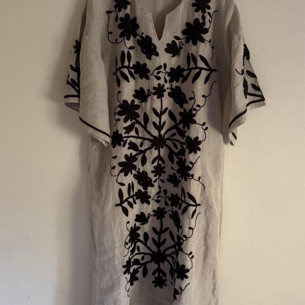 Sister Mary Marta Linen Maxi Dress L Black Embroidered Caftan Boho Natural